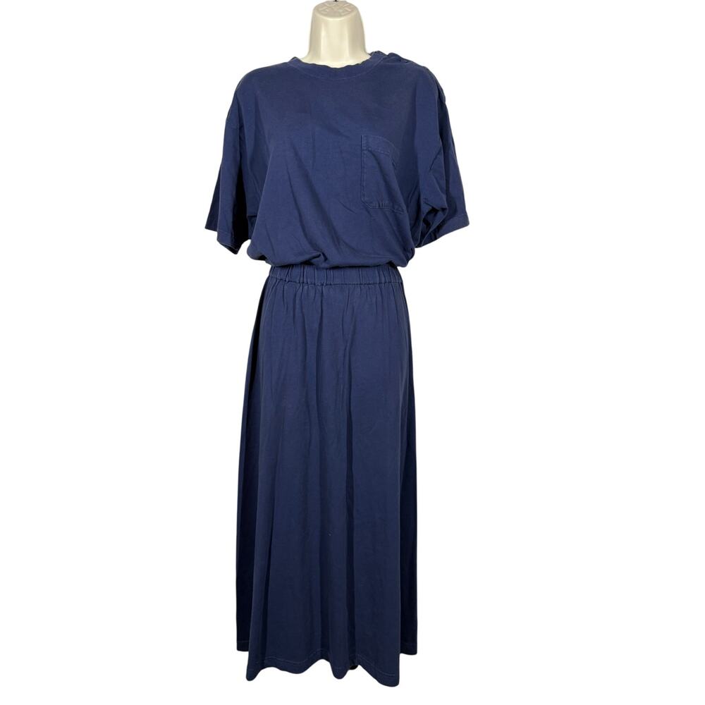 Eddie Bauer Y2K Heavy Knit Jersey Dress 2005 Midi Pocket Tee Navy Blue - L